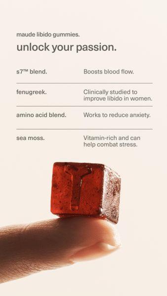 A clean, minimalist 9:16 ad creative featuring a single gummy held between fingers, paired with a bulleted list of functional benefits.